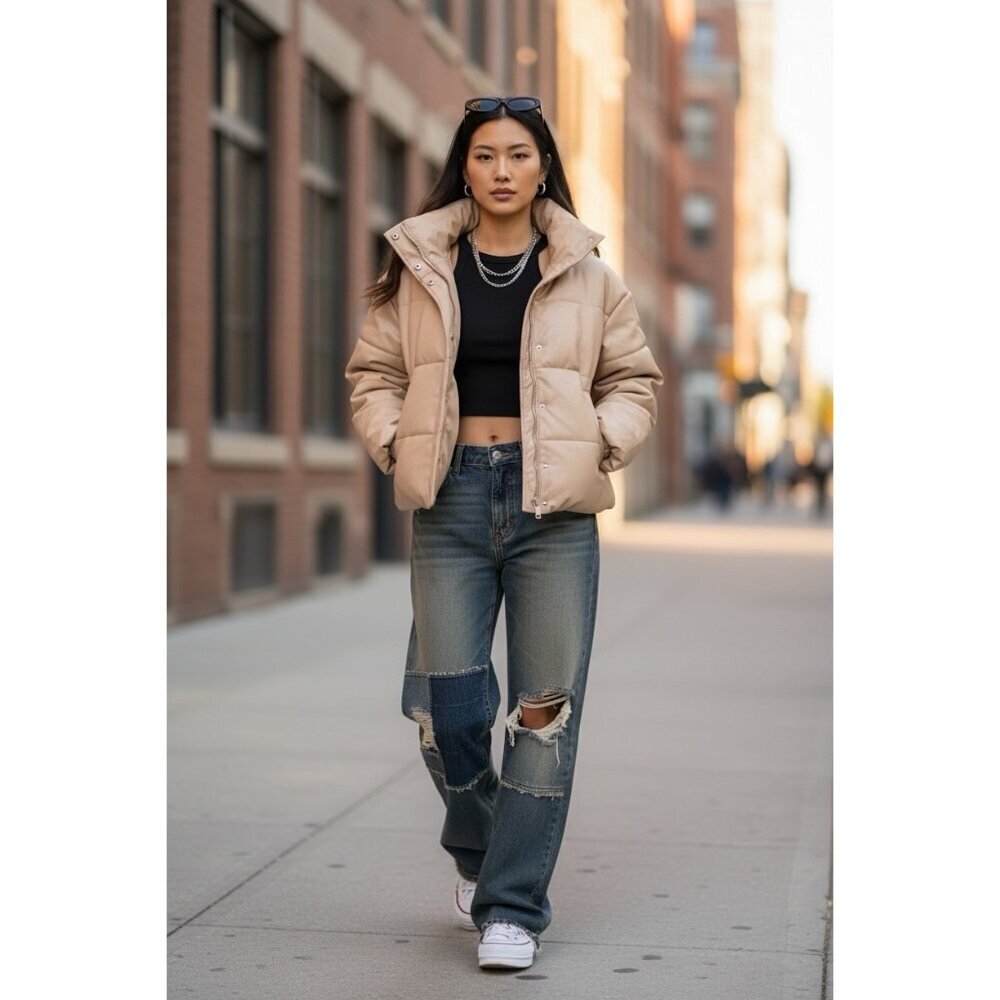 Jules Kae Beige Faux Leather Puffer Jacket S Croc Embossed Coat
